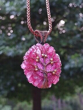 Copper Wire Wrapped Tree Of Life Round Pink Solar Quartz Pendant 2"